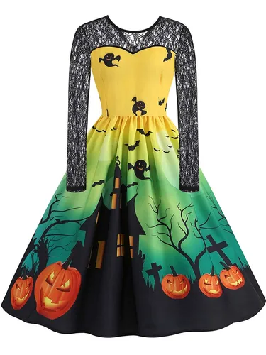 Imagen 1 del producto Vestidos de Halloween para mujer, encaje, manga larga, estampado, disfraces elegantes vintage, vestido de fiesta cosplay