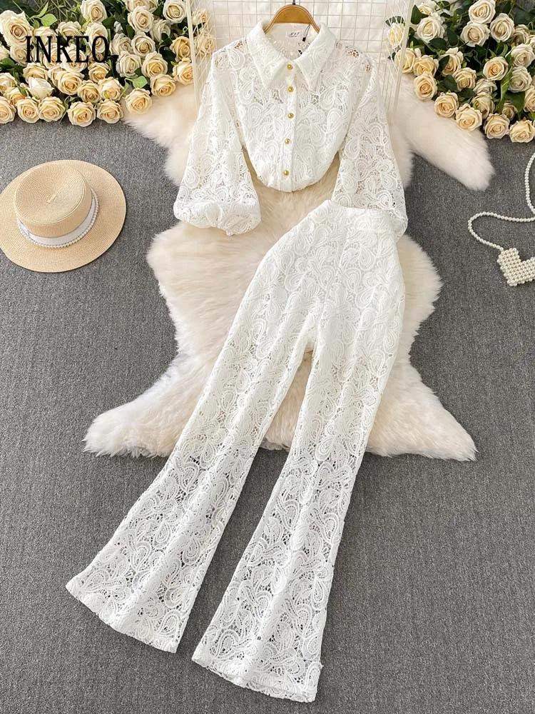 

Роскошный кружевной комплект из 2 предметов для женщин, новинка 2025 года, белая блузка с вырезами и брюки-клеш, рубашка с рукавами три четверти 5T090