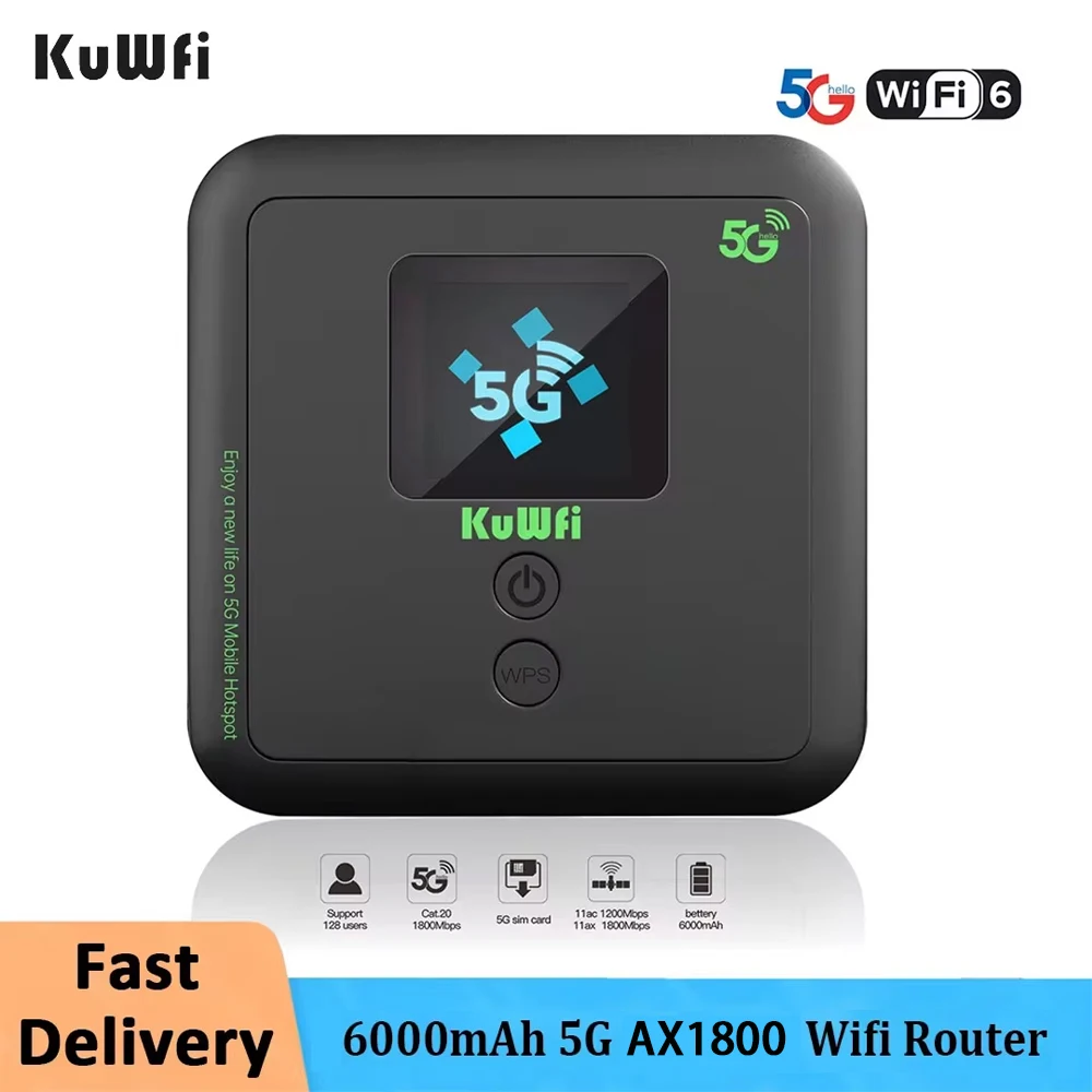 KuWfi 6000mAh 5G Mobile Wifi Router AX1800 Wireless Mini Outdoor Portable Pocket Wifi Hotspot With Sim Card Slot 32 Uers