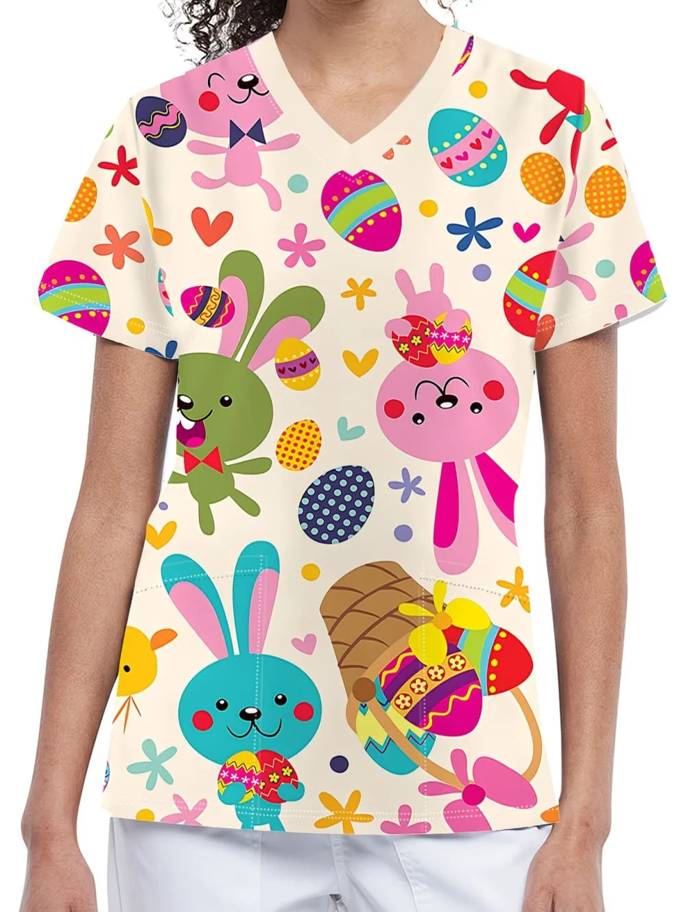 uniforme-de-enfermeira-feminino-com-estampa-de-coelho-da-pascoa-camiseta-clinica-com-decote-em-v-manga-curta-e-bolso-aplicado
