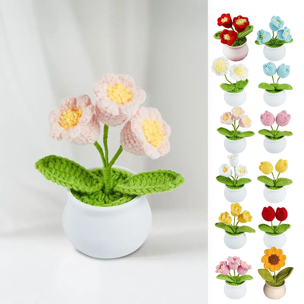 Hand-knitted Sunflower Tulip Crochet Flowers Potting Hand-woven Florals Desktop Ornament Car Home Decoration Teacher's Day Gifts