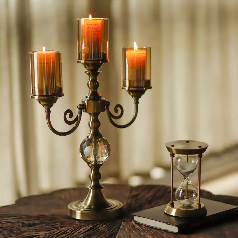 

American classical metal glass three-headed candlestick European model room Retro living room Dining table porch decorative