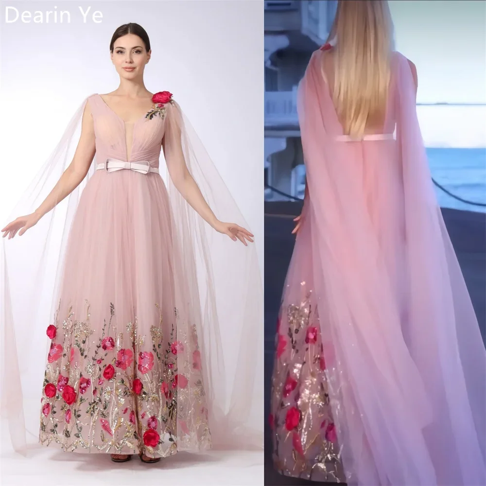 Vestido de baile personalizado, arábia saudita, dearin, decote em v, linha a, comprimento até o chão, saias drapeadas, em camadas, apliques de tule, flor artesanal, sob medida