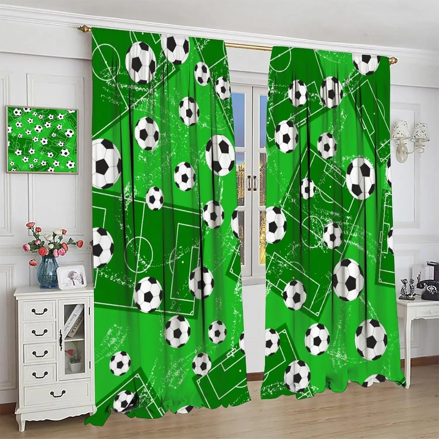 Soccer Field & Soccer Ball Print Window Curtains, Sports Theme Decorative Drapes for Boys Bedroom, Kids Playroom, Man Cave