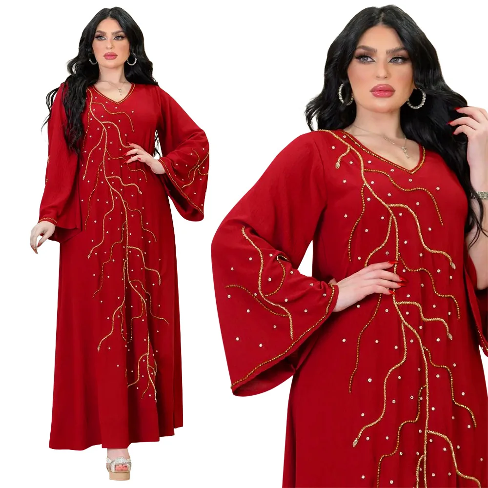 Imagem -06 - Muçulmano Médio Oriente Arábia Saudita Vestido Strass Miçangas Frouxos Robes Alargamento Mangas Dubai Abaya Turbante Mujer Elegante