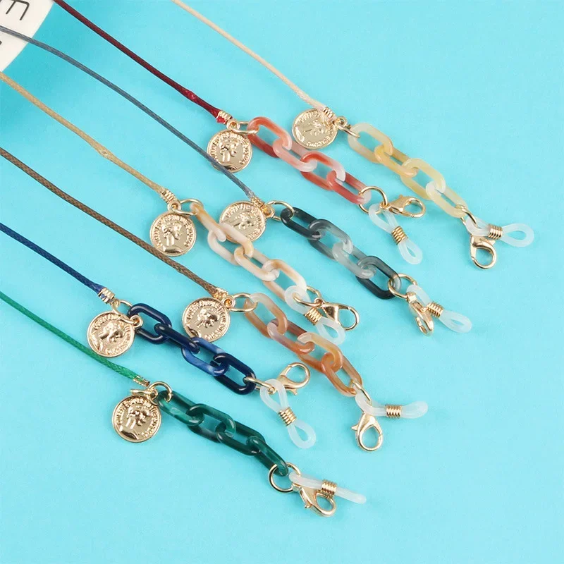 Fashion Leather Rope Acrylic Children Sunglasses Mask Holder Lanyard Candy Color Portrait Resin Charm Glasses Chain Neck Strap