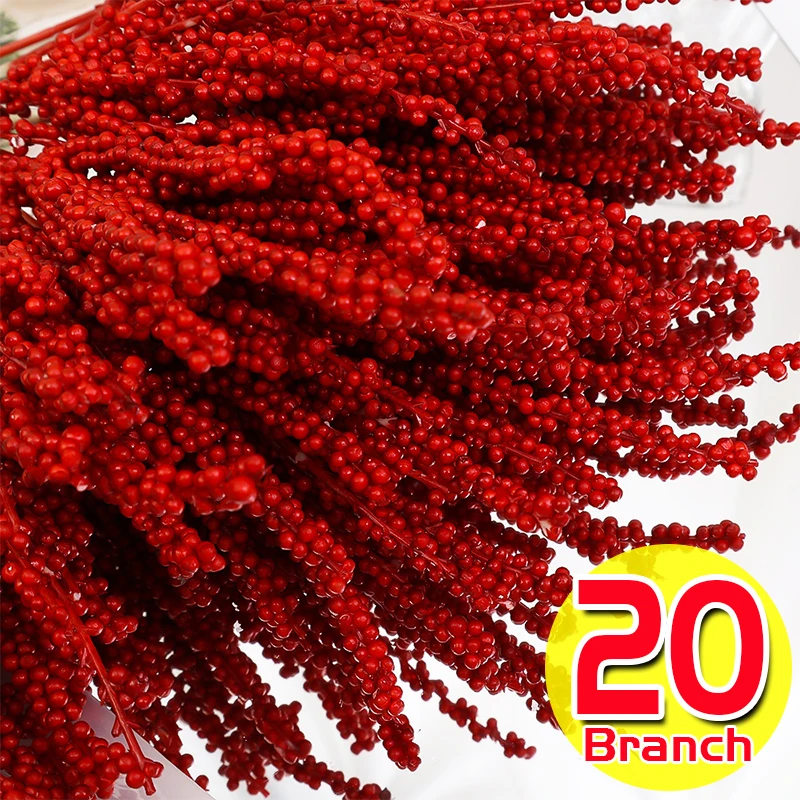 New Christmas Red Berries Branch Artificial Holly Berry Stamen Flowers Wreath for Xmas Tree Ornaments New Year Party Home Decor