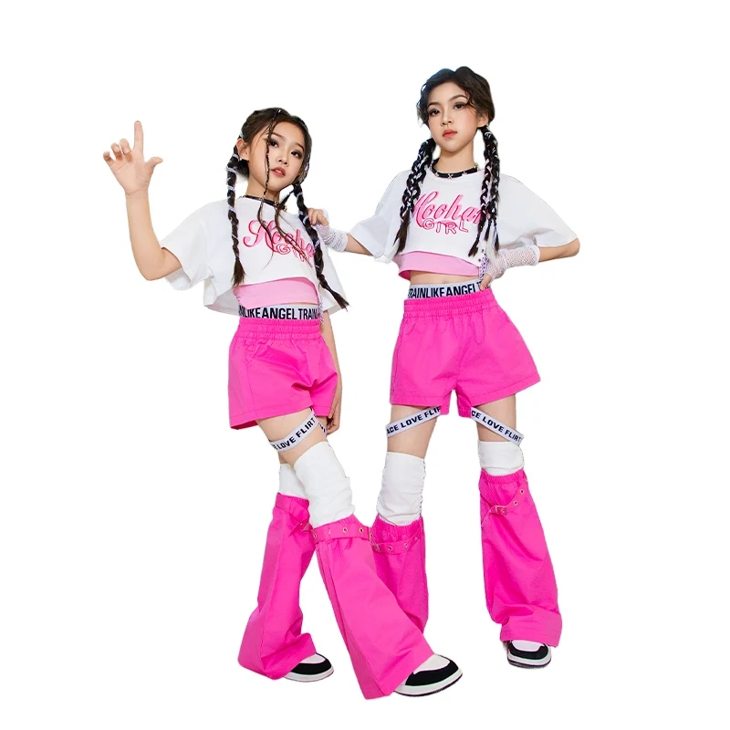 Costumes de danse Jazz pour filles et enfants, costume rose, haut court, short, Streetwear, salle de bal, vêtements de spectacle de danse Hip Hop, 2025 DDN20373
