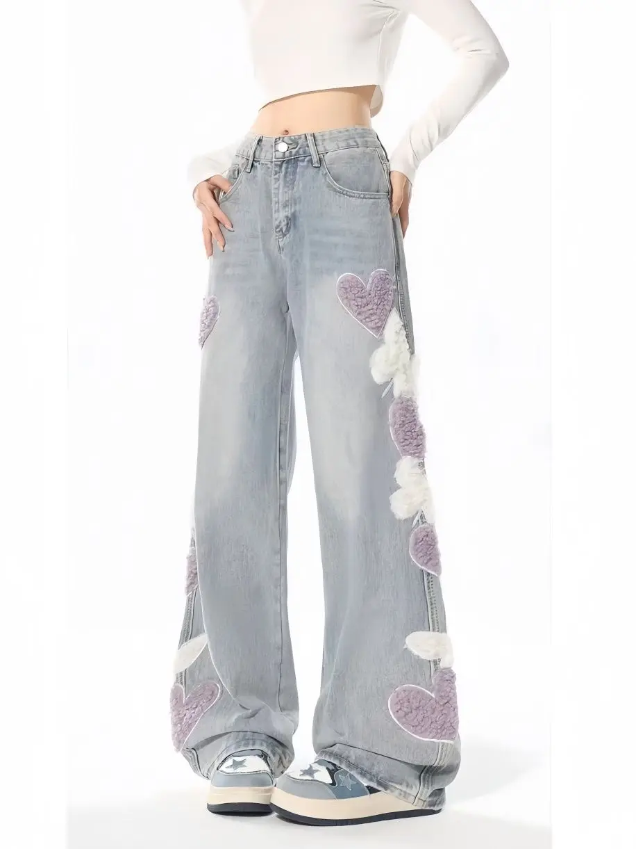 Korea Women Jeans with Heart Vintage Y2k 90s Aesthetic Baggy Denim Trouser Harajuku Kawaii Wide Cowboy Pants Trashy Clothes