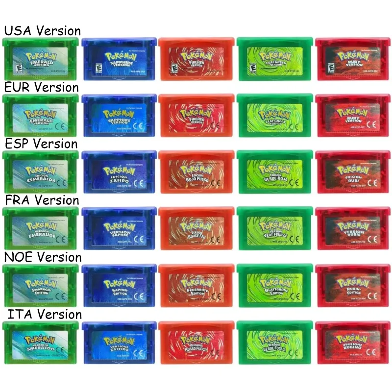 

Игровые картриджи для GBA/SP: Emerald, FireRed, LeafGreen, Ruby, Sapphire (США/Италия/Норвегия/Франция/Европа/Испания)