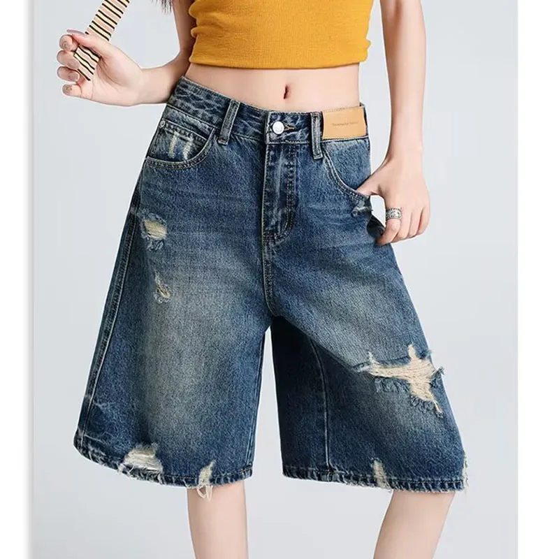 

American Retro Washed Ripped Hole Jeans High-waisted Denim Shorts Women's 2026 Summer New Loose Wide-leg Knee Length Jeans Pants