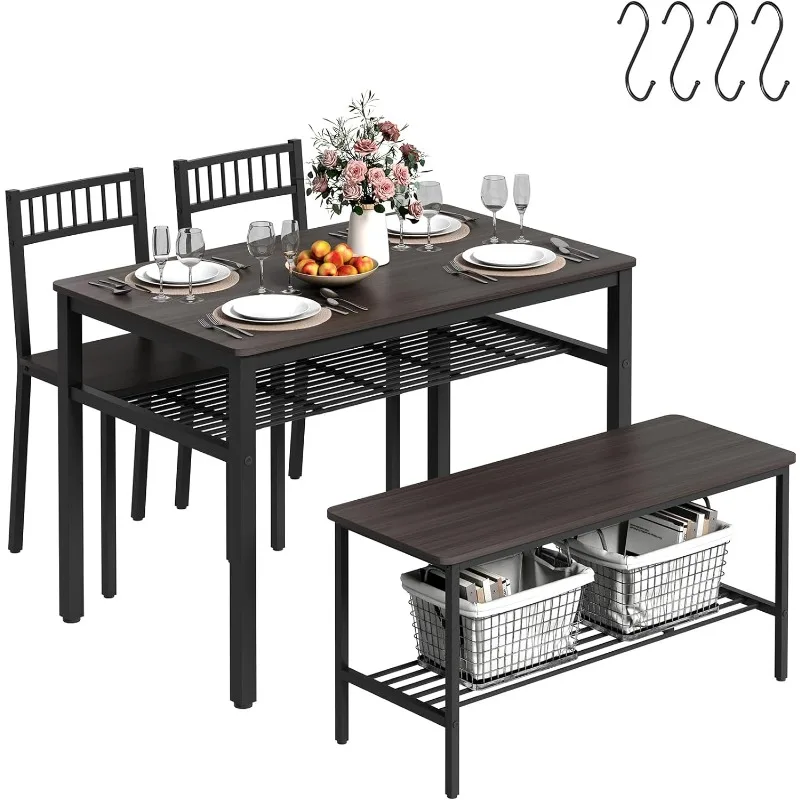 

Dining Table Set for 4, Kitchen Table with 2 Chairs and 1 Bench, Dining Table Set with 2 Storage Racks and 4 S-Hooks