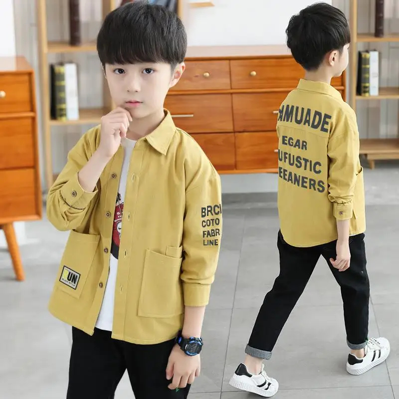 Boys Long-sleeved Shirts Spring Autumn Child Tops Formal Wear Outer Jacket Lapel Coats 8 9 10 11 12 Years Old All-match Blouses