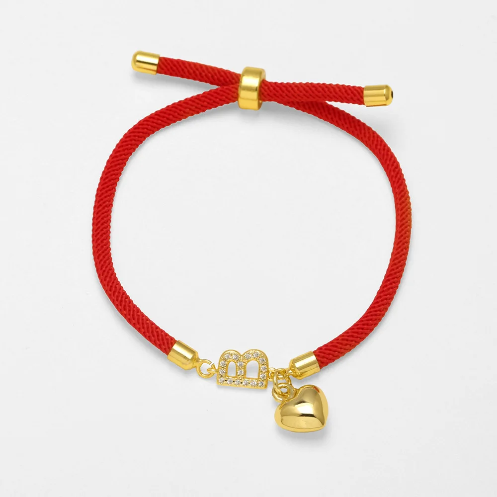 Armband mit rotem Seil, Zirkonia-Anhänger mit Initialen, vergoldeter Herzanhänger, verstellbares geflochtenes Seilarmband, Schmuckgeschenk – Detail 2