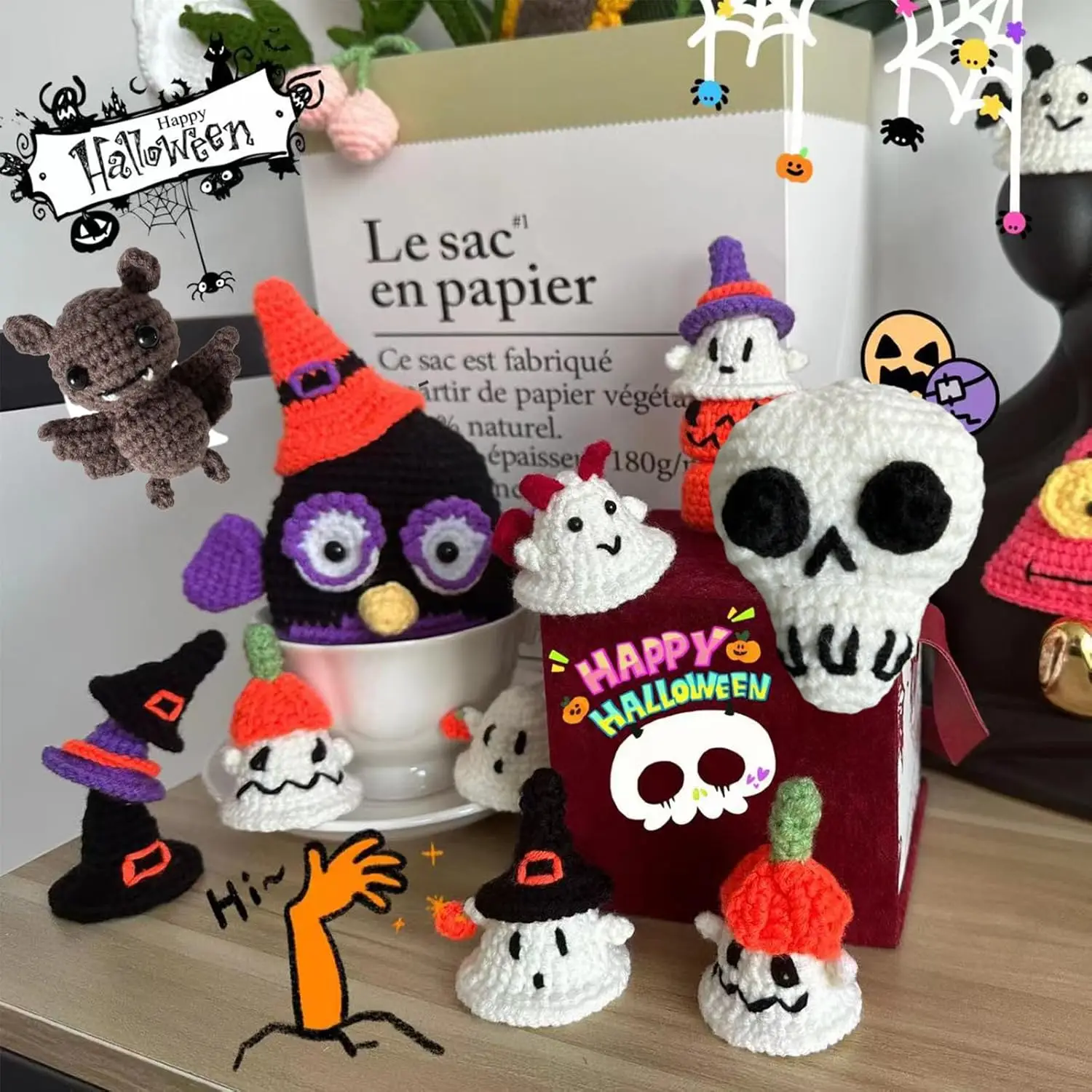 

Crochet Kit for Beginners, Crochet Halloween Bat & Skull Set, Knitting Kit for Beginners Adults, Easy Learn to Crochet