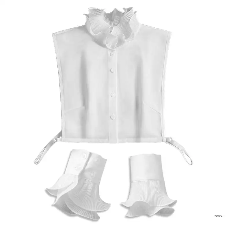 Korean Women 2 Pieces Layered Ruffled Stand False Collar with Fake Sleeves Wristband Set Button Down Detachable Half Shirt