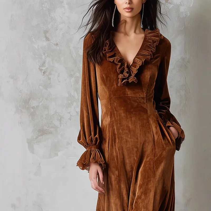 Das ist ein langes französisches Spitzenkleid mit Laternenärmeln, gerüschten Kanten und V-Ausschnitt aus Samt, modisches, schlichtes und retro-Damenkleid