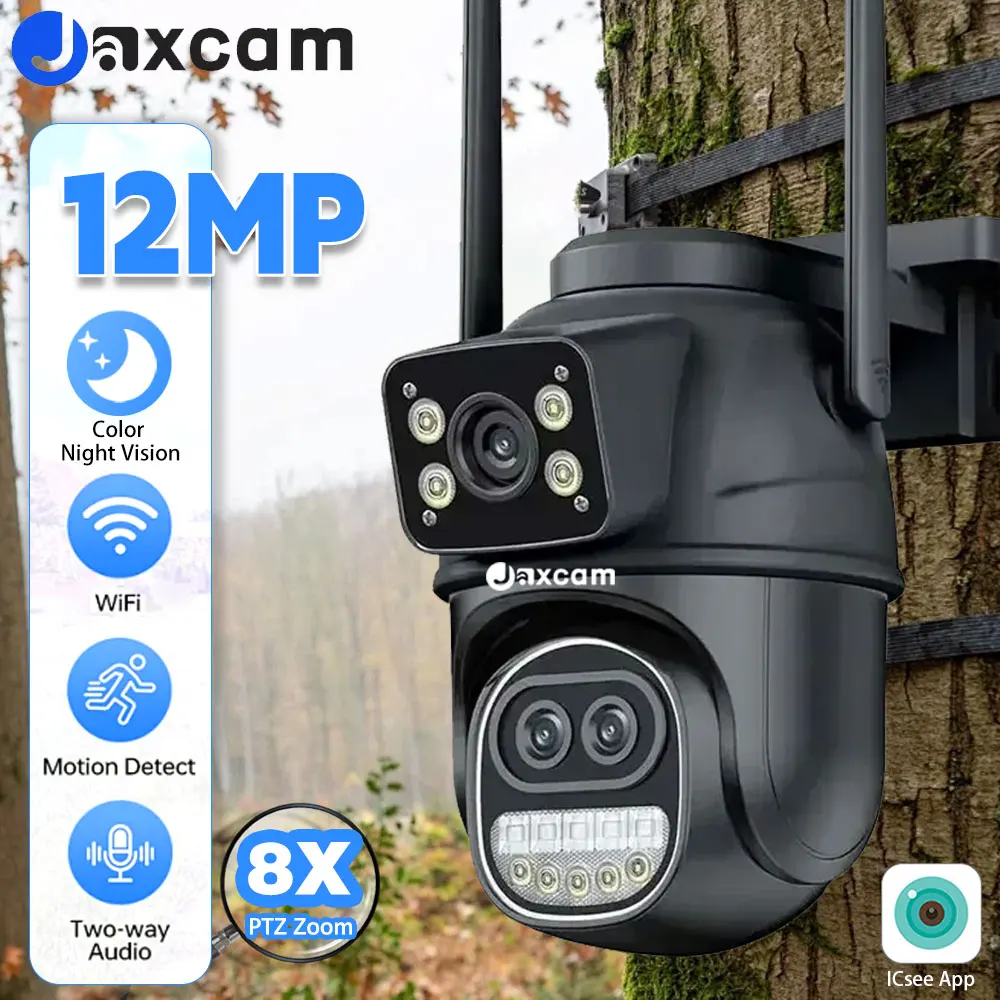 كاميرا Jaxcam 12MP 6K PTZ Wifi عدسة مزدوجة 8X تكبير رقمي AI كشف الإنسان في الهواء الطلق 8MP CCTV IP كاميرا حماية أمنية iCSee