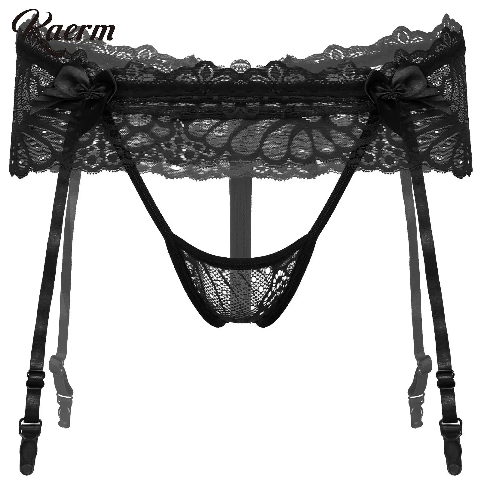 

Mens New Arrivals Sexy Hollow Out Lace Erotic Panties Bowknot Open Crotch T-Back Adjustable Garter Belt G-String Sissy Underwear
