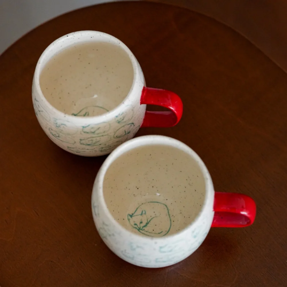 Japanese Style Cat Pattern Coffee Mug Cat Painting Ceramic Cup With Handle Couple Cups Breakfast Mug