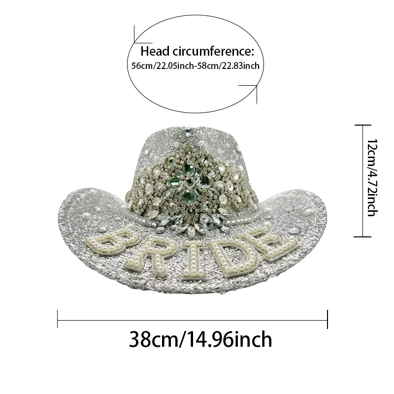HongLuan الفضة الزفاف زي قبعة الكبار، قبعات رعاة البقر حجر الراين للمرأة، كاوبوي تأثيري الإناث الملحقات وقبعة راعية البقر #5