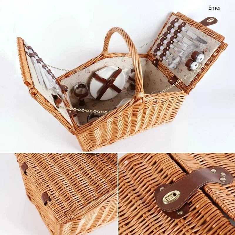 Artisan Rattan Wicker Picnic Basket Double Open Design Portable Outdoor Basket for Camping Spring Outing view 4