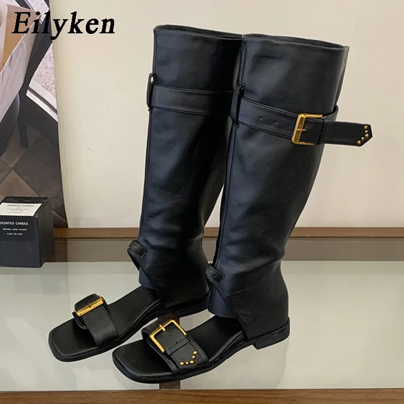 Eilyken Fashion Buckle Strap Boots Sandals Women Low Heels Square Toe Knee-High Booties Spring Summer Party Dress Shoes