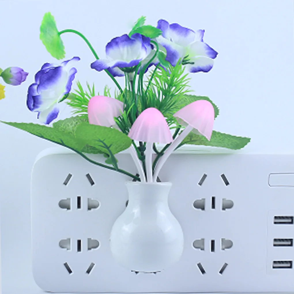 US Plug Night Light Flower Sensor Control Decoration LED 220V 0.5W Wall Lamp Glow Luminous Home Decor Purple