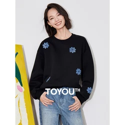 TOYOUTH Women Hoodies Sweatshirt 2024 Autumn New Floral Embroidery Denim Patchwork Round Neck Long Sleeve Pullover Tops