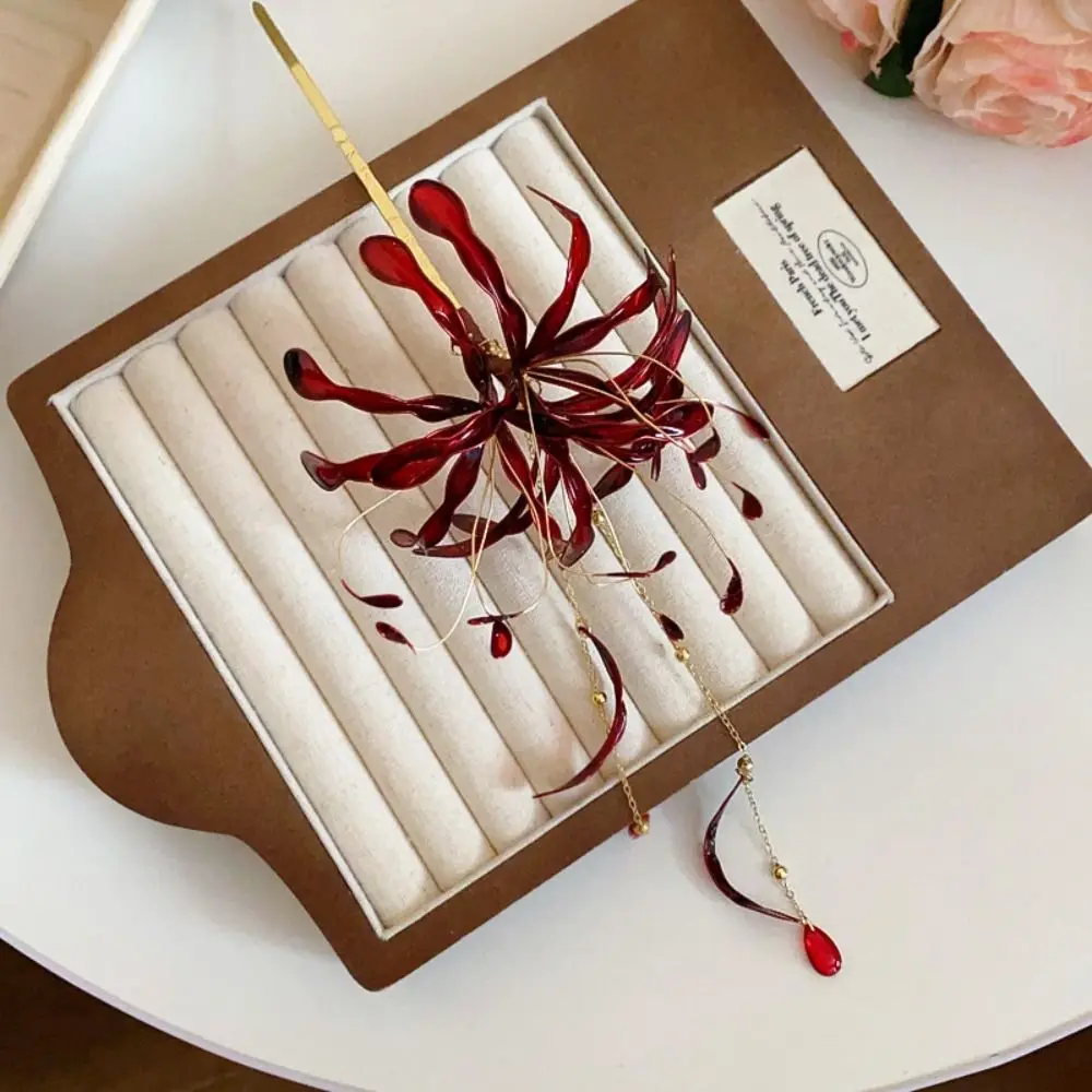สไตล์จีน Spider Lily ดอกไม้ผม Sticks Super Fairy งานแต่งงานหยดน้ํามันพู่ Hairpins Vintage Hanfu ตะเกียบ