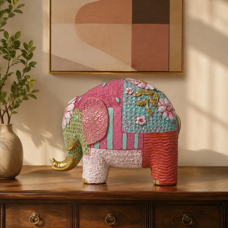Color blocked flower elephant resin ornament,exotic painted relief elephant,living room foyer desktop decorations Christmas gift