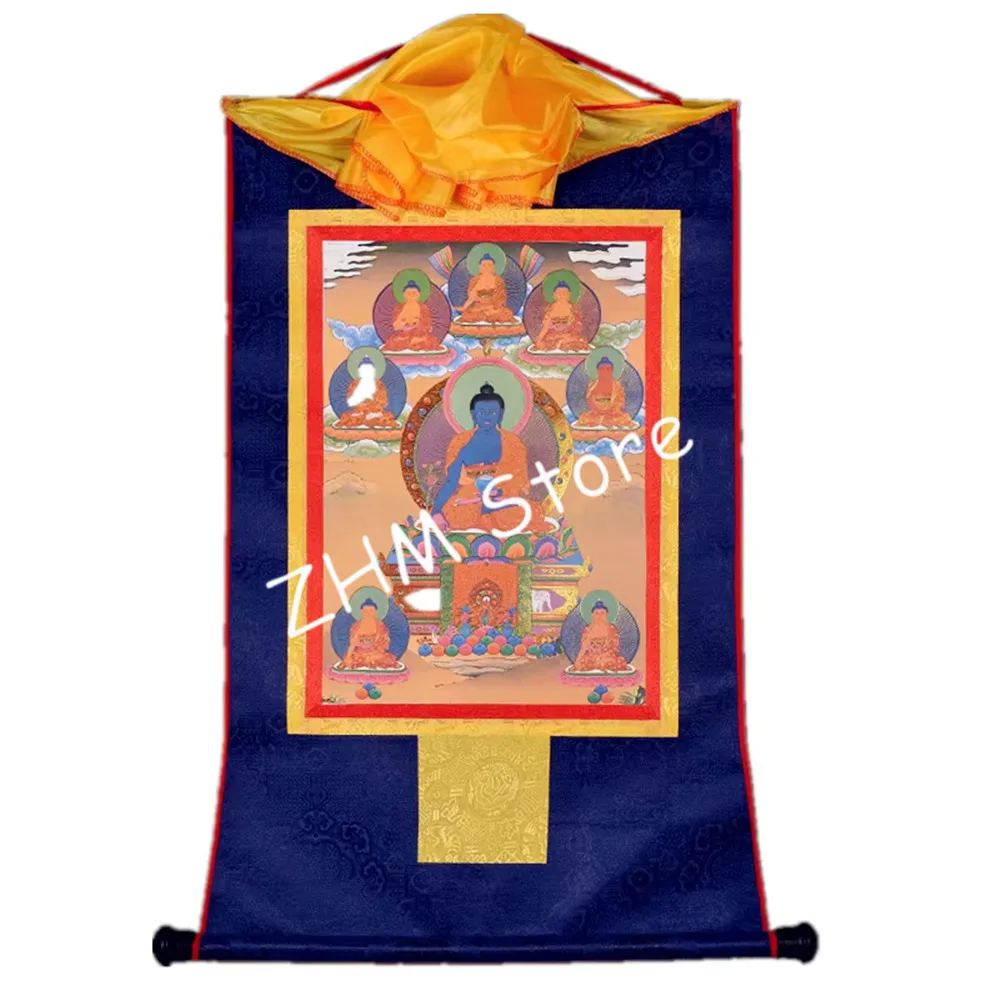 

Exquisite Tibetan Vajrayana Thangka - Gilded Medicine Buddha & Eight Divine Healers with Embossed Gold Temple/Meditation Decor