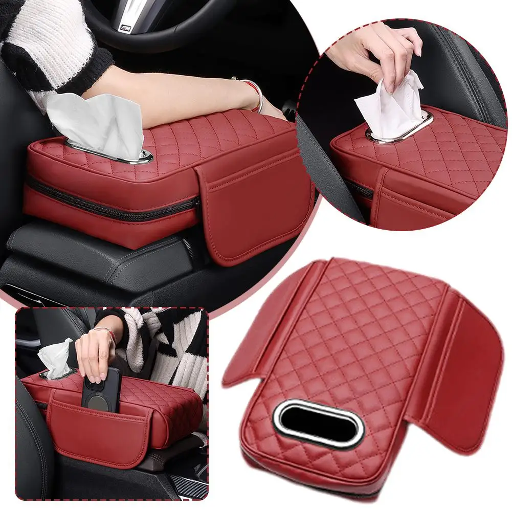 Car Universal Armrest Cover Leather with Tissue Storage Memory Pad Pad Foam Box Car Protective Support Increased Height Arm P4H1