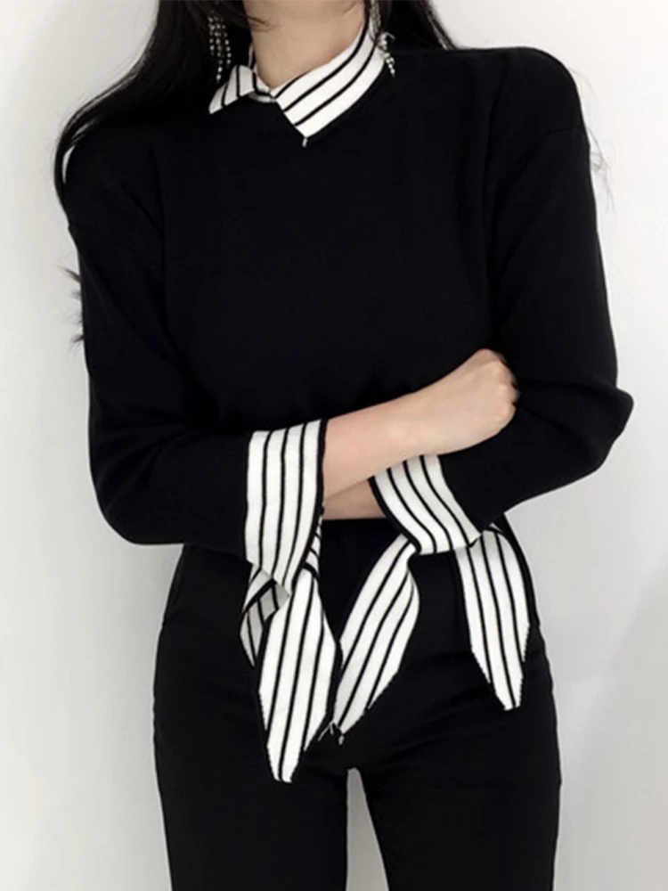 Fall Winter Design Sweater Women Stripe Patchwork Turn-down Collar Lace-up Cuff Tops Pullover Jumper Jacket Long Sleeve 47909