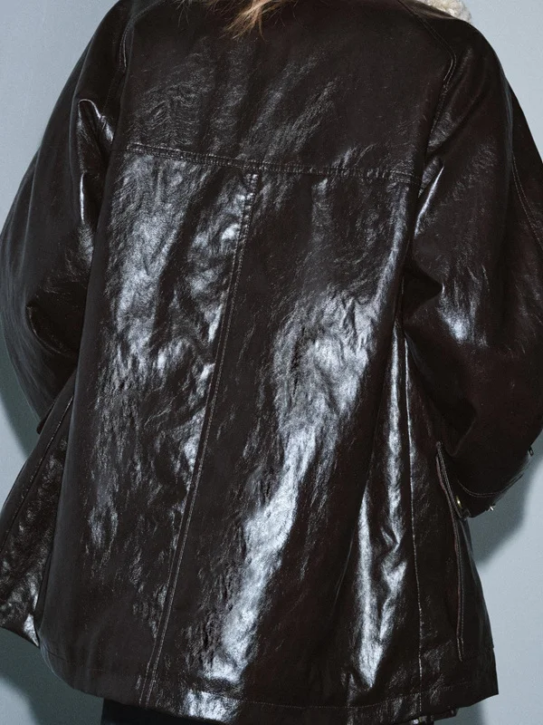 Faionable Casual Artificial Fur Collar Jaet Women's Leather Coat New Autumn Winter Zipper Straight Tube Long Sve Coat