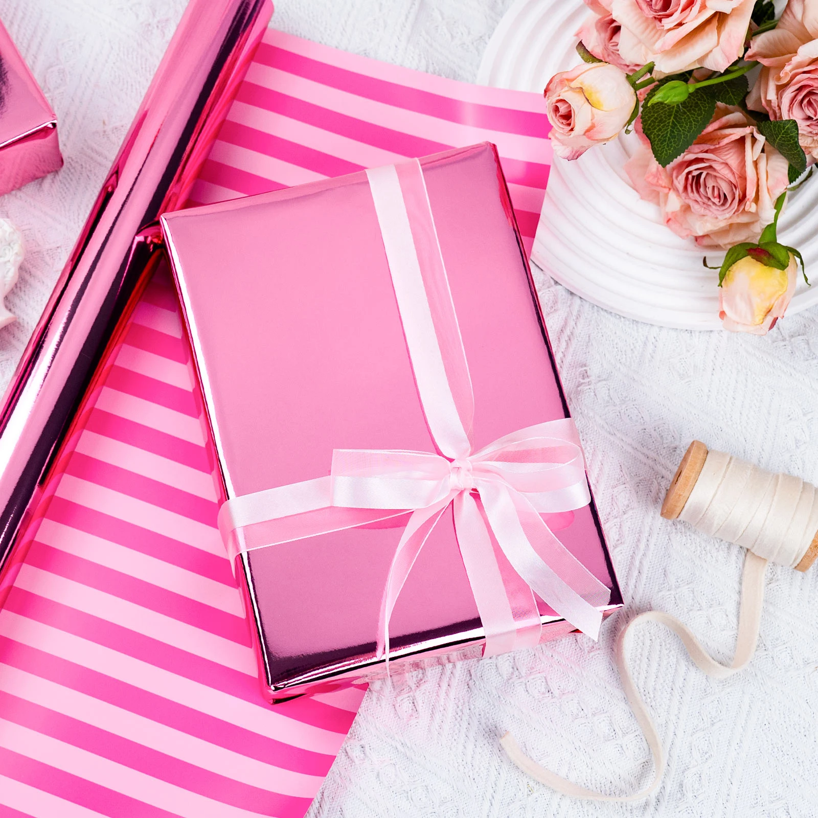 Wikadlik Hot Pink Wrapping Paper - Metallic Hot Pink Solid Color and Horizontal Stripes Gift Wrap Paper for Birthday, Valentines Day, Mothers Day - 43cm x 10m Mini Roll view 6