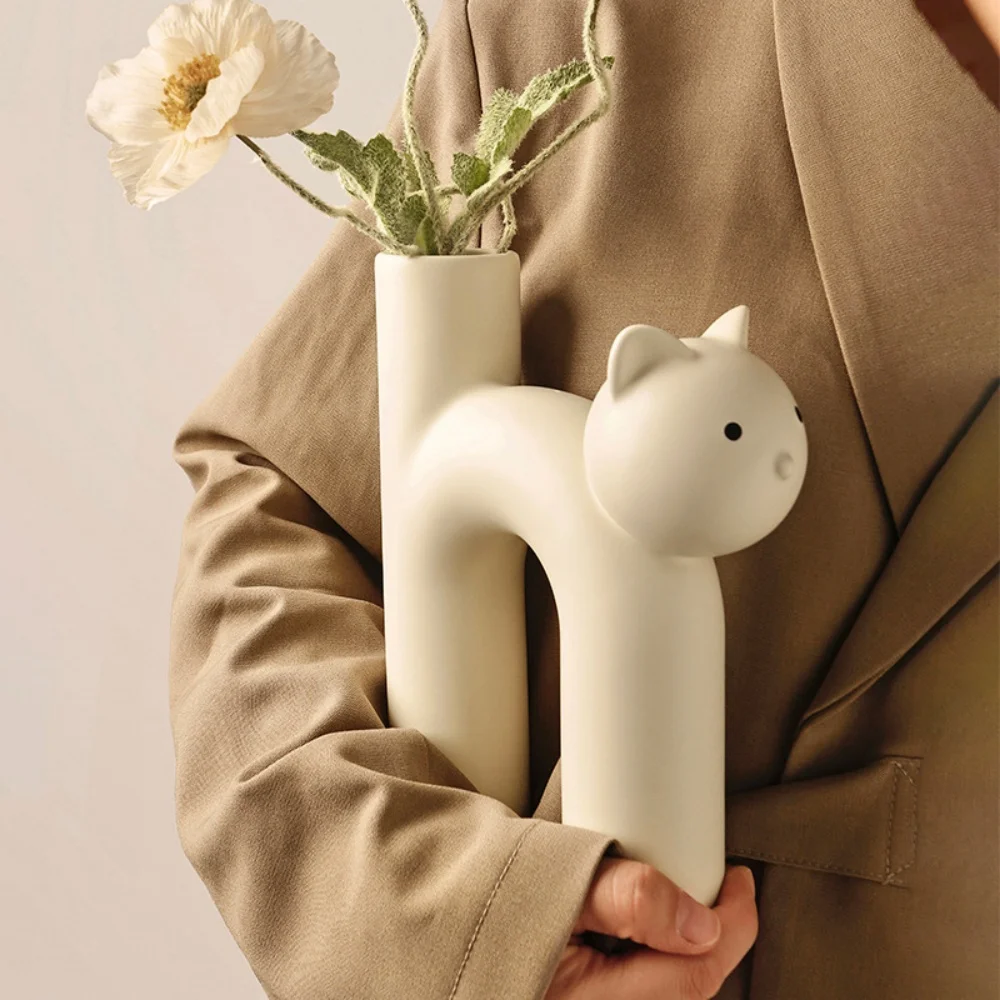 Cartoon Cat Shaped Ceramic Flower Vase Cute Room Decor Aesthetic for Teen Girls Porcelain Plant Pot  Flower Bottle Cachepot
