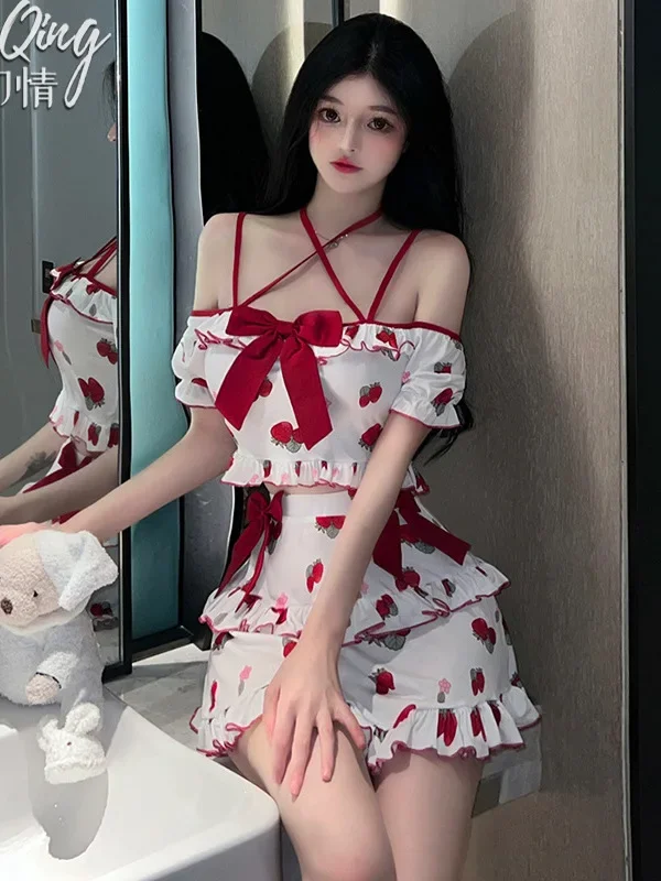 Новый милый комплект нижнего белья с клубникой, подвесные ремни для взрослых, очаровательный жирный домашний сексуальный стиль Pure Desire, студенческая форма, комплект с юбкой HNE6