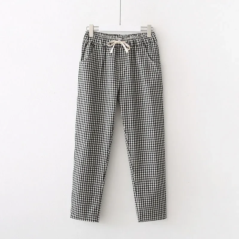 Elastic Waist Large Size Straight Barrel Ninth Pants Online Celebrity Plaid Pants Pajama Pants Female Spring and Autumn Summer