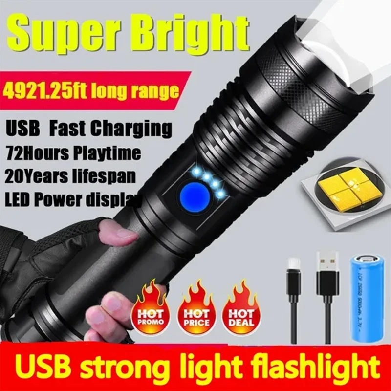 

High Power XHP100 Led Flashlight Rechargeable 4 Core Torch Zoom Usb Hand Lantern For Camping, Outdoor & Emergency Use