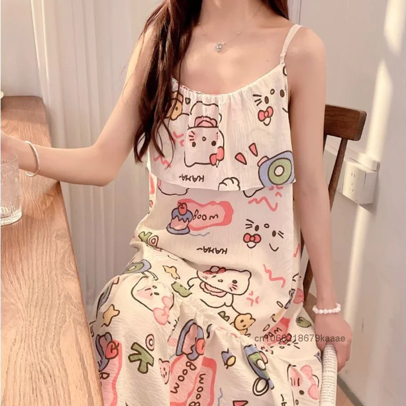 Sanrio Hello Kitty Summer Thin Suspender Sleepwear Women Chest Cushion Cute Cartoon Nightgown Sweet Soft Y2k Girl Trendy Pajamas