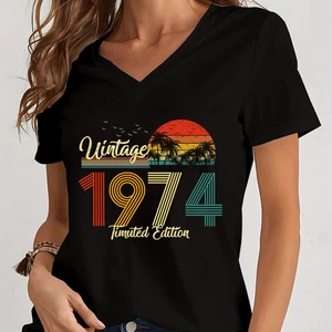 Casual Vintage T -Shirt mit weiblicher V -Neck, kurzes Hemd, Geburtstag t -Shirt, Neujahr, Sommer 1973 12 Hauptverkaufshirt 1974 - №9