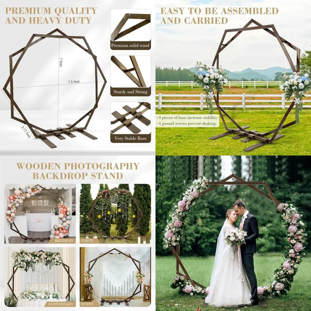 

7.2FT Hexagonal Wooden Wedding Arch, Outdoor & Indoor Rustic Boho Style Arbor Stand