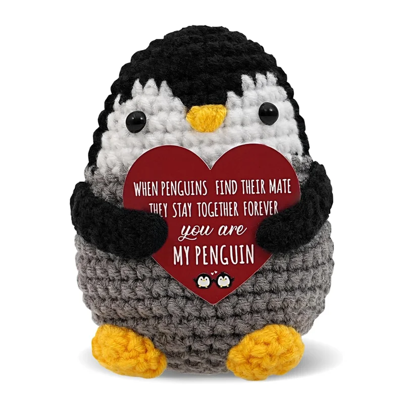 Positive Crochet Penguin Doll Hug Love Card Desktop Ornament Emotional Support Handmade Knitted Figurines Home Room Decor Gifts