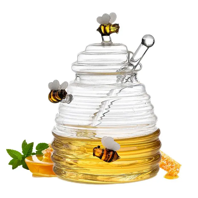 Honey jar with spoon and lid Beehive Honey Glass Dispenser household transparent glass mixing honey bottle Kitchen Decor