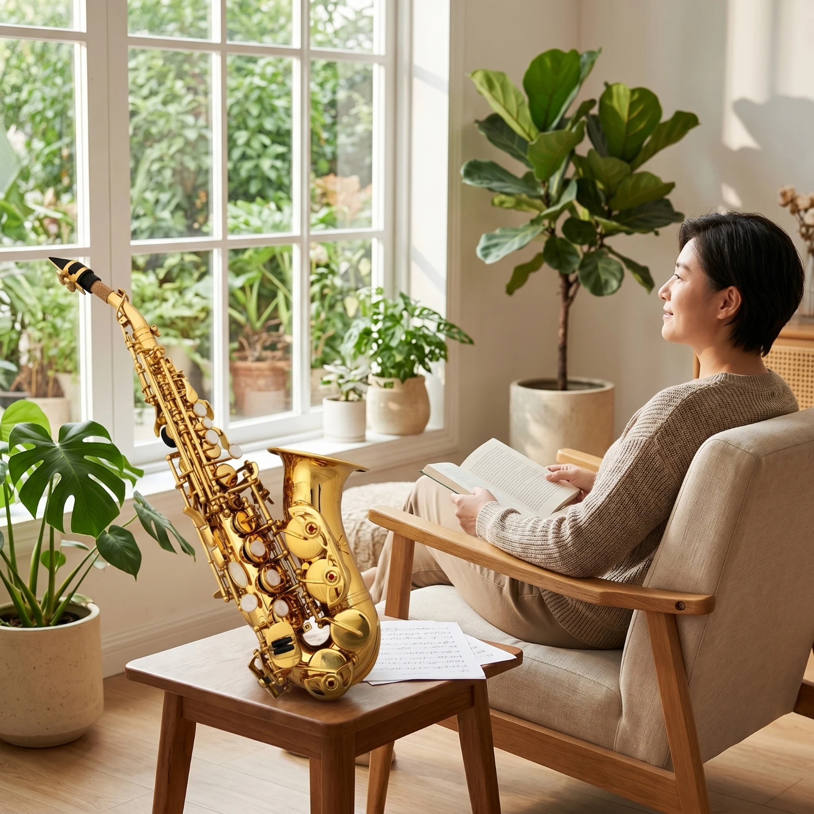 Curved Soprano Saxophone Brass Saxophone with Bent Neck Woodwind B and B Instrument Compact for Students, Practice, Home Playing