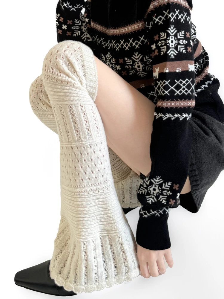 2026 Knitted Hollow Out Harajuku Knee High Sock Y2k Aesthetic Women Solid Color Flared Long Socks Foot Cover Grunge Leg Warmers