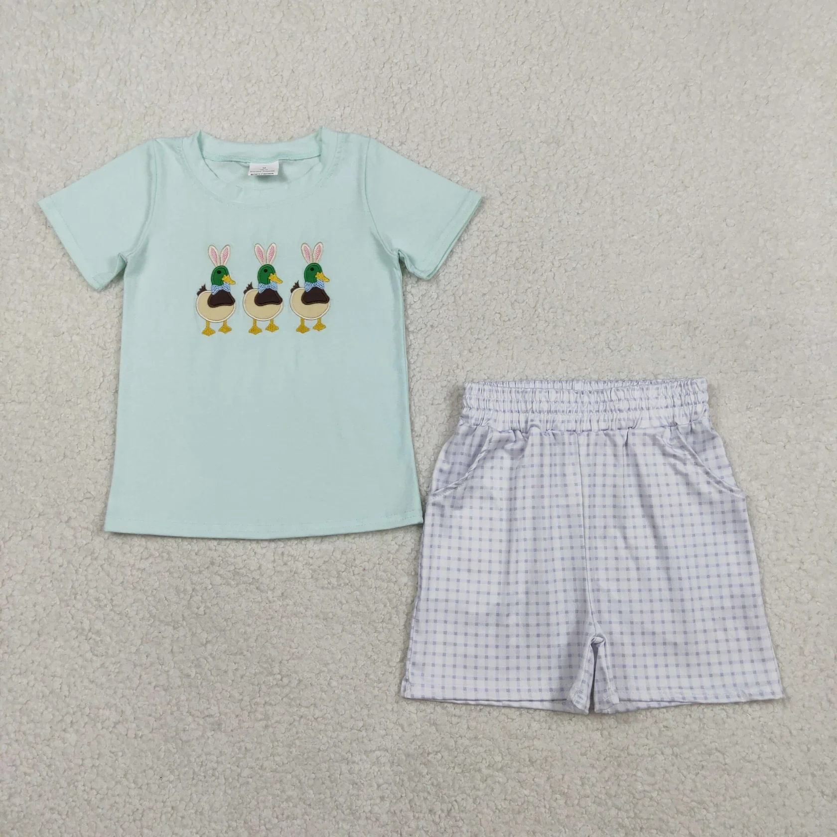 Wholesale Baby Boy Easter Embroidery Outfit Kids Children Sets Toddler Short Sleeves Ducks Rabbits Shirts Pockets Shorts Clothes