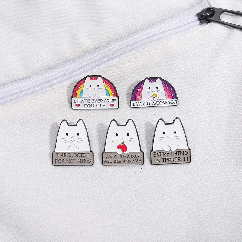 Cute Rainbow Cat Enamel Pins Custom Funny Kitten Phrase I HATE EVERYONE EQUALLY Brooches Clothes Lapel Badge Jewelry Accessories