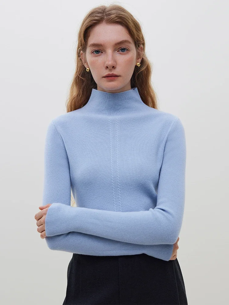 FSLE Double Cable Half Turtleneck 82.4% Wool Knitted Pullover for Women Winter 2023 New Warm Slim Korean Style Base Layer Shirt